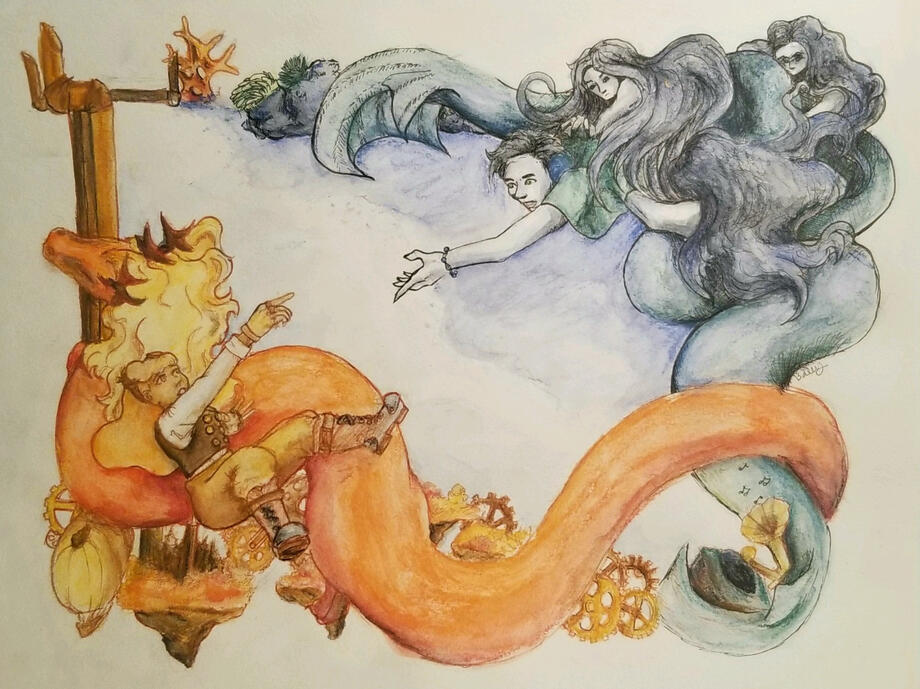 "Girl and Siren" 2024 watercolor and fine liners on paper.