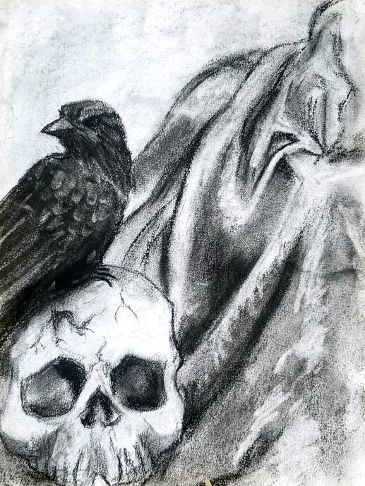 "Raven Still Life" 2023 charcoal on paper